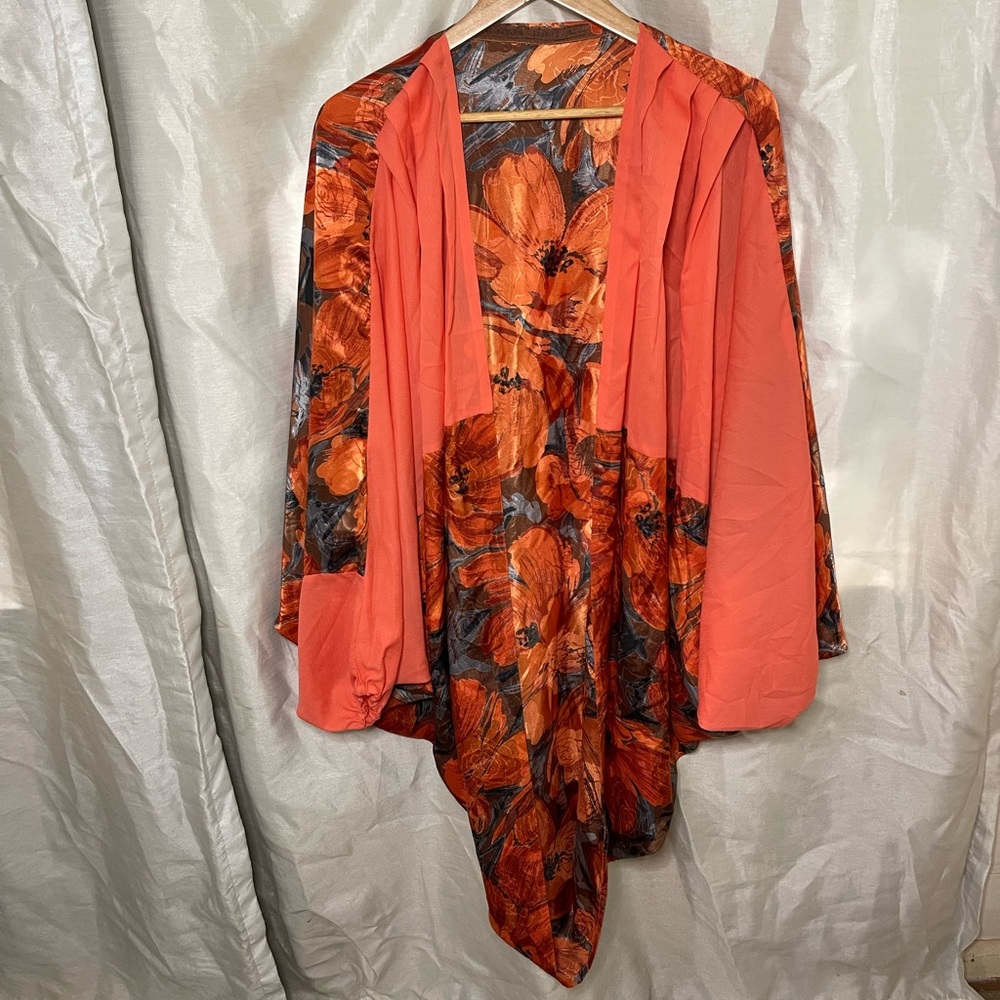 VTG 80’s Handmade Coral Blue Floral Kimono Drop Sleeve Cardigan Blouse Coverup
